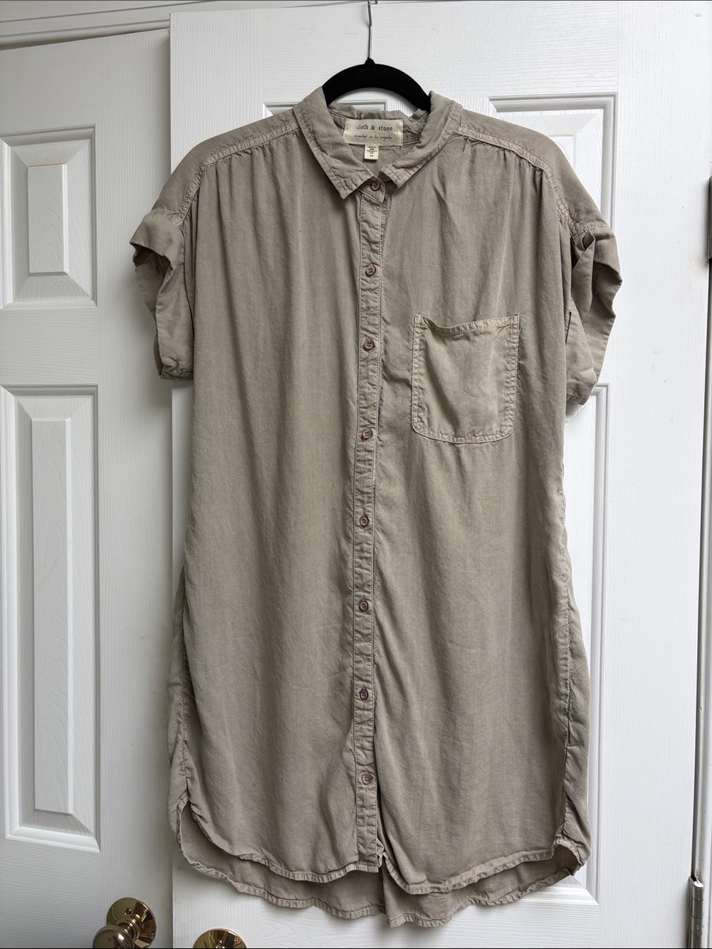 cloth & stone Neutral Tan Short-Sleeve Button-Down Shirt Dress 100% tencel
